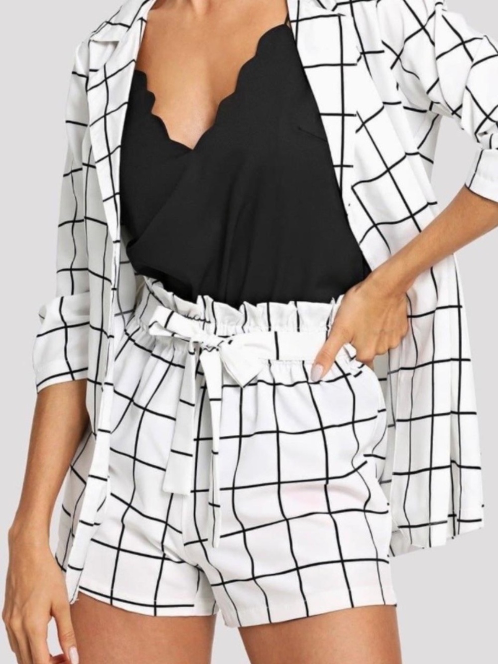 SHEIN Grid Print Blazer & Shorts Set - White & Black, Size M